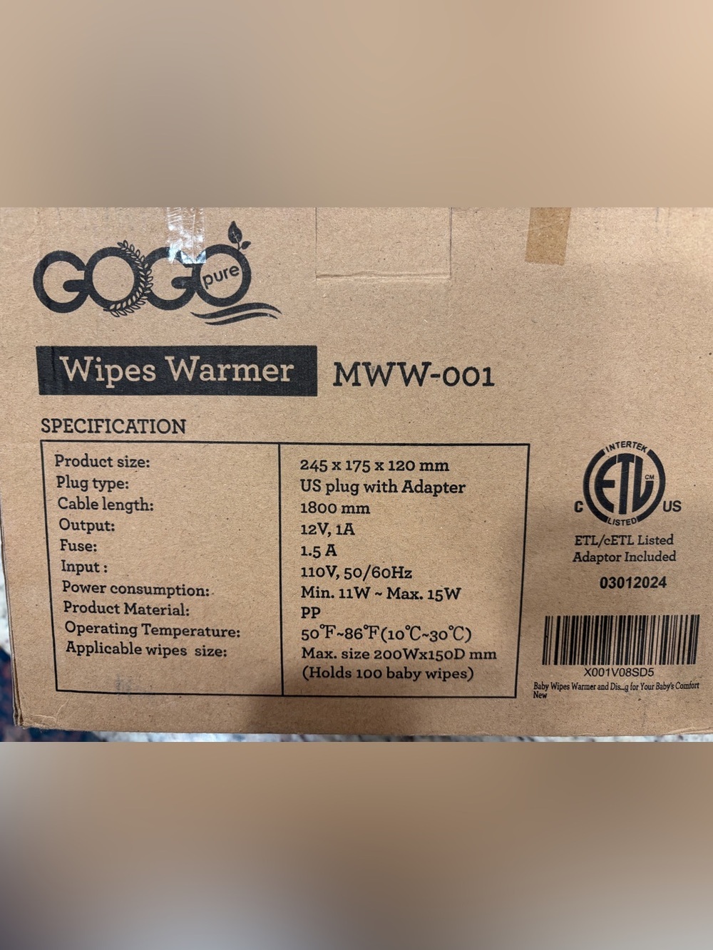 GOGO Wipes Warmer in Brown Kraft Box